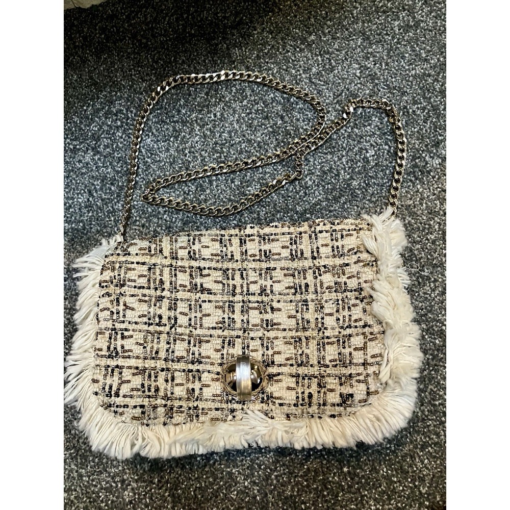 Zara Woman Tweed Gold Chain  Handbag Beaded Ivory Tan Beige Brown Fringe Purse‎